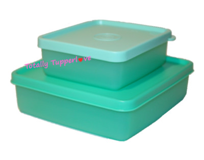 Tupperware Square Away Set of 2 Square Round Keepers Green & Mint NEW  