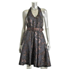 MUSE ~ Navy & Bronze Metallic Brocade Halter Fit & Flare Party Dress 6 NEW $168