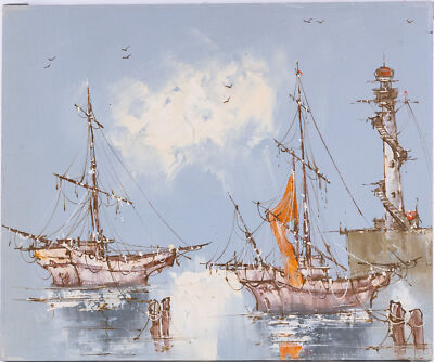 Vintage Impressionist Oil On Canvas ''Mast Ships''