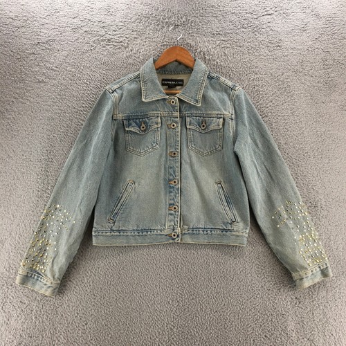 Express Jeans Cropped Denim Jacket Womens L Blue Cotton Button Up Front Pockets