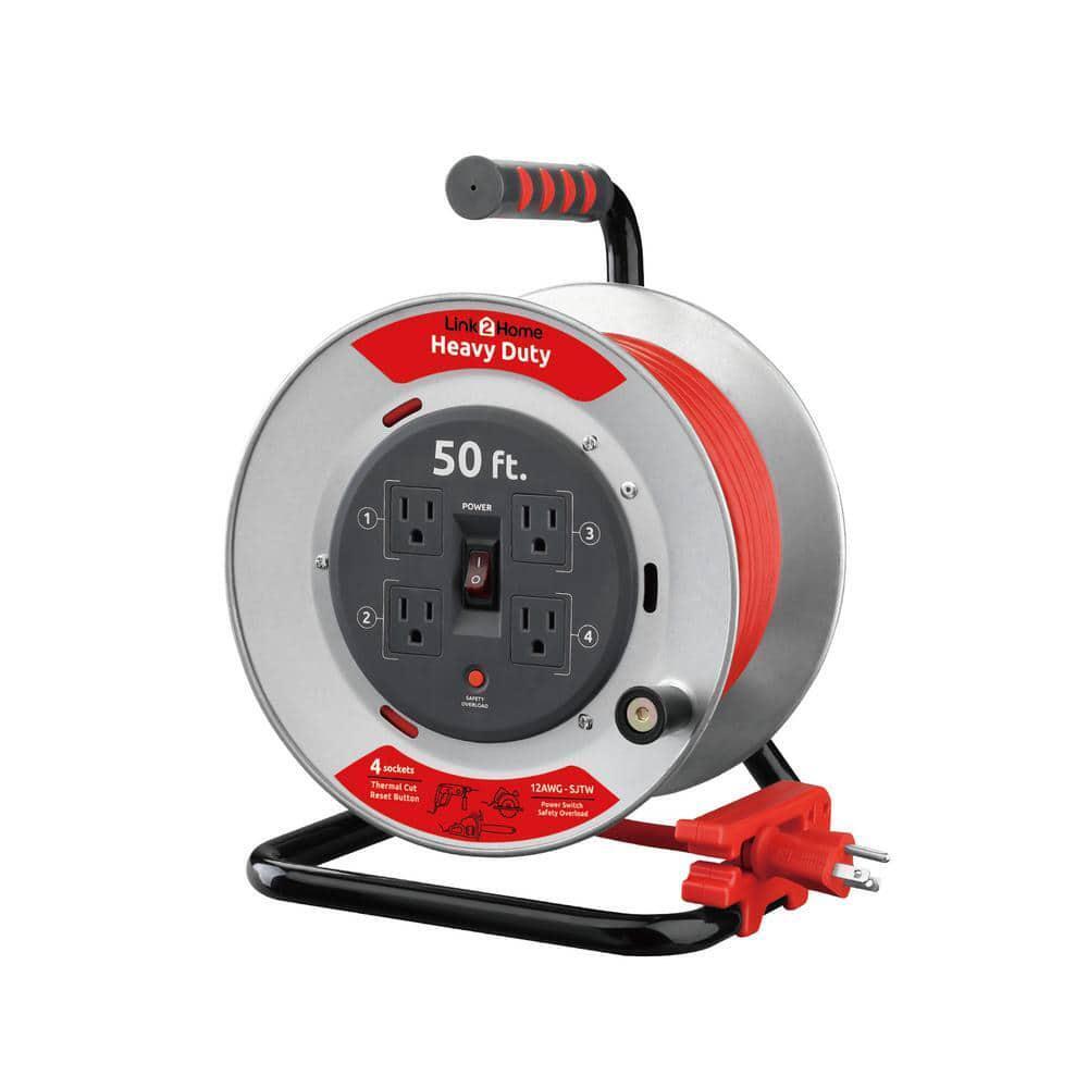 Link2Home Extension Cord Reel 50' Overload Protection Red W/ 4