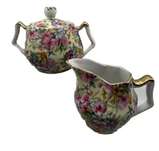 Chintz Floral Porcelain Cream & Sugar Set Gilded  Japan