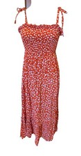 Polka Dot Dress Orange Midi Sz Medium Hippie 70’s Festivals Boho Smocking Tiered