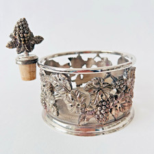 Silver Plated Grape Pattern Wine Bottle Coaster AND MATCHING CORK STOPPER SET