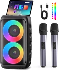 Karaoke Machine, Portable Bluetooth Speaker with 2 Wireless Karaoke Microphones