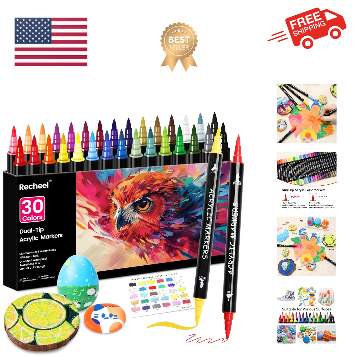 30 Colors Acrylic Paint Markers, Dual Tip Fine and Brush Tip
