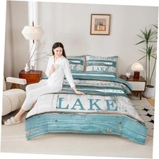 Rustic Camping Comforter Set Size, Lake Theme Quilt Set with 2 Full Lake 02