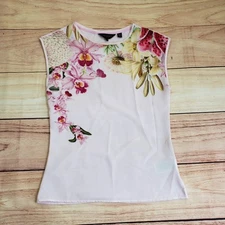 Ted Baker Shirt Womens 0 Pink Red Top Sleeveless Sheer Floral Casual Ladies A1
