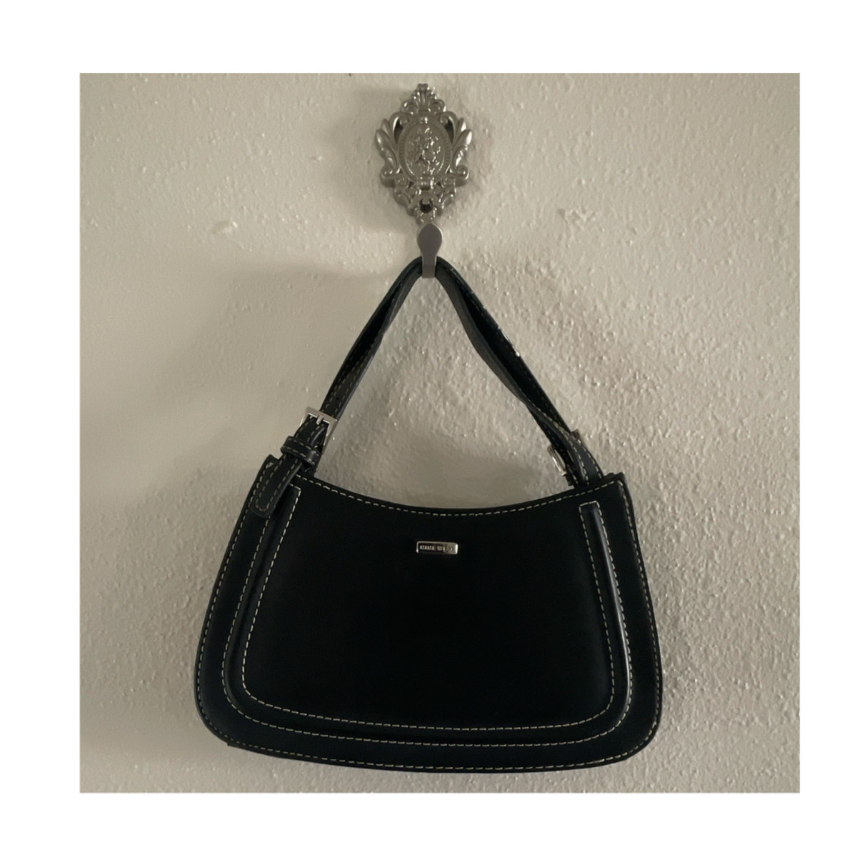 Nine West Black Shoulder Bag with Stitching, Bag Charm, Silver 
