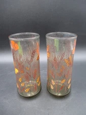 Libbey Glasses Monarch Butterfly Wheat Tumblers 16oz Amber Smokey Vintage Lot 2