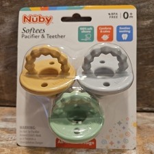 NWT Nuby Softees Infant Baby Pacifier  Teether BPA Free Assorted Colors 3-Pack
