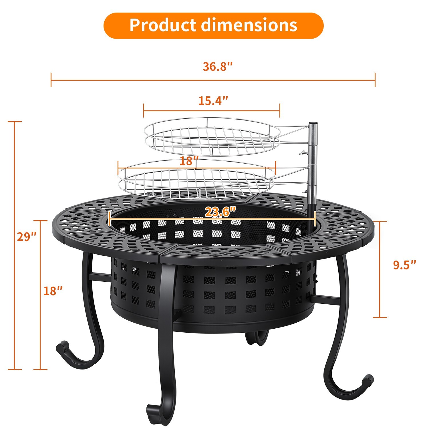36 Inch Fire Pit with 2 Adjustable Grills, Wood Burning Outdoor Fire Pit w/ Lid