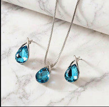 Silver Plated Blue Teardrop Crystal Jewelry Set Necklace  Earrings