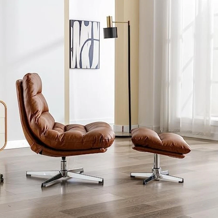 Swivel Accent Chair with Ottoman, Mid Century Modern Faux Leather Loun - Image 4 of 4