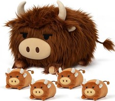Highland Cow Stuffed Animal, Highland Cow Mommy Plush Set with 4 Baby Calves, So