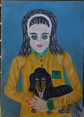Huile Peter Rose Portrait Frau Am Basset Naive Kunst Signiert Trash Art Nerd Art