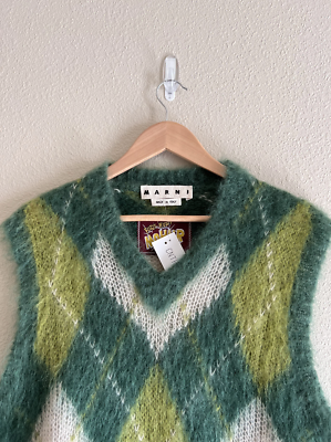 Marni Mohair Argyle Sweater Vest - Size 48 - Green - NEW - Made in