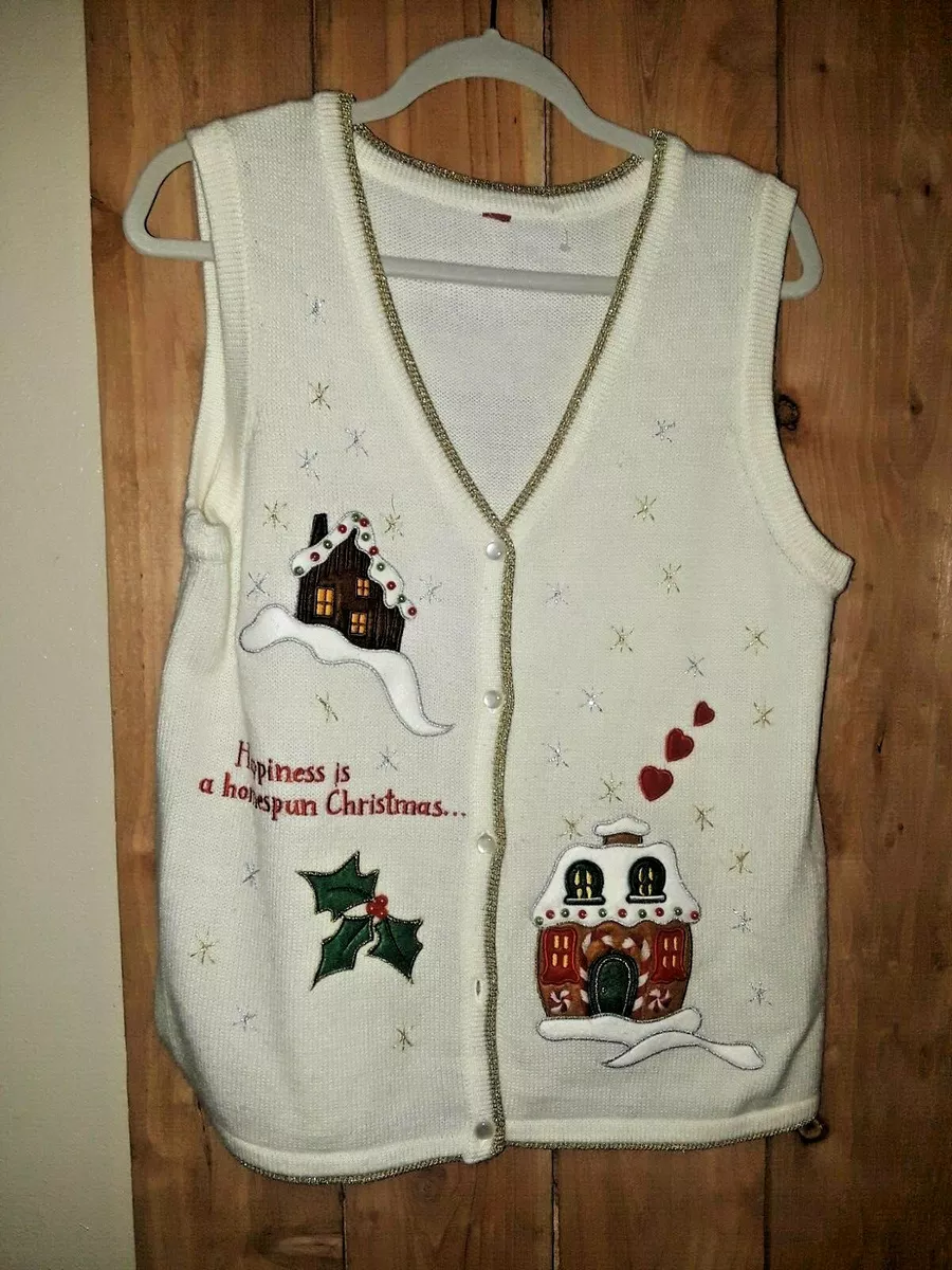 Womens White Holiday Sweater Vest w Ginger Bread Houses Size Large