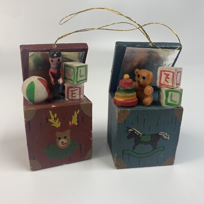 Vintage Children's Wooden Blocks With Solider Bear Christmas Ornament Set Of 2