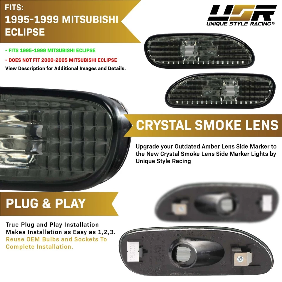 JDM Smoke Bumper Side Marker Lights For 1995-1999 95 96 98 99 Mitsubishi Eclipse Foto 3 de 4