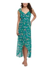Guess Tropical Floral Maxi Dress Green Vacay Faux Wrap Padded Built In Bra Sz 0
