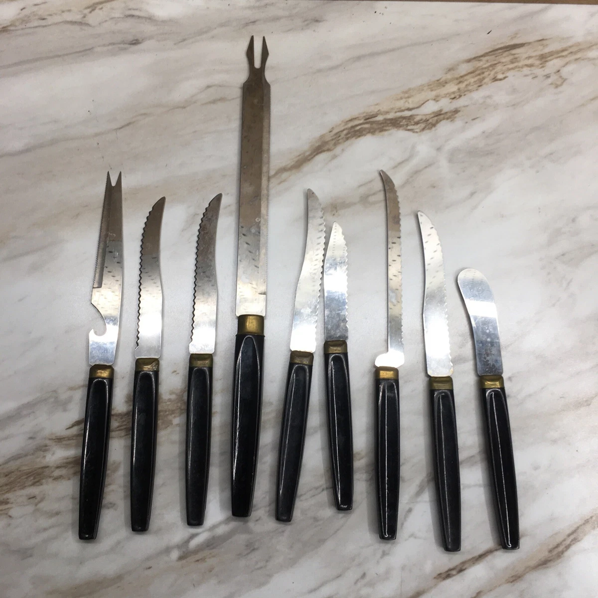 Vintage Knives Set of 6 Serrated Stainless Steel Black Plastic Handle US  Retro