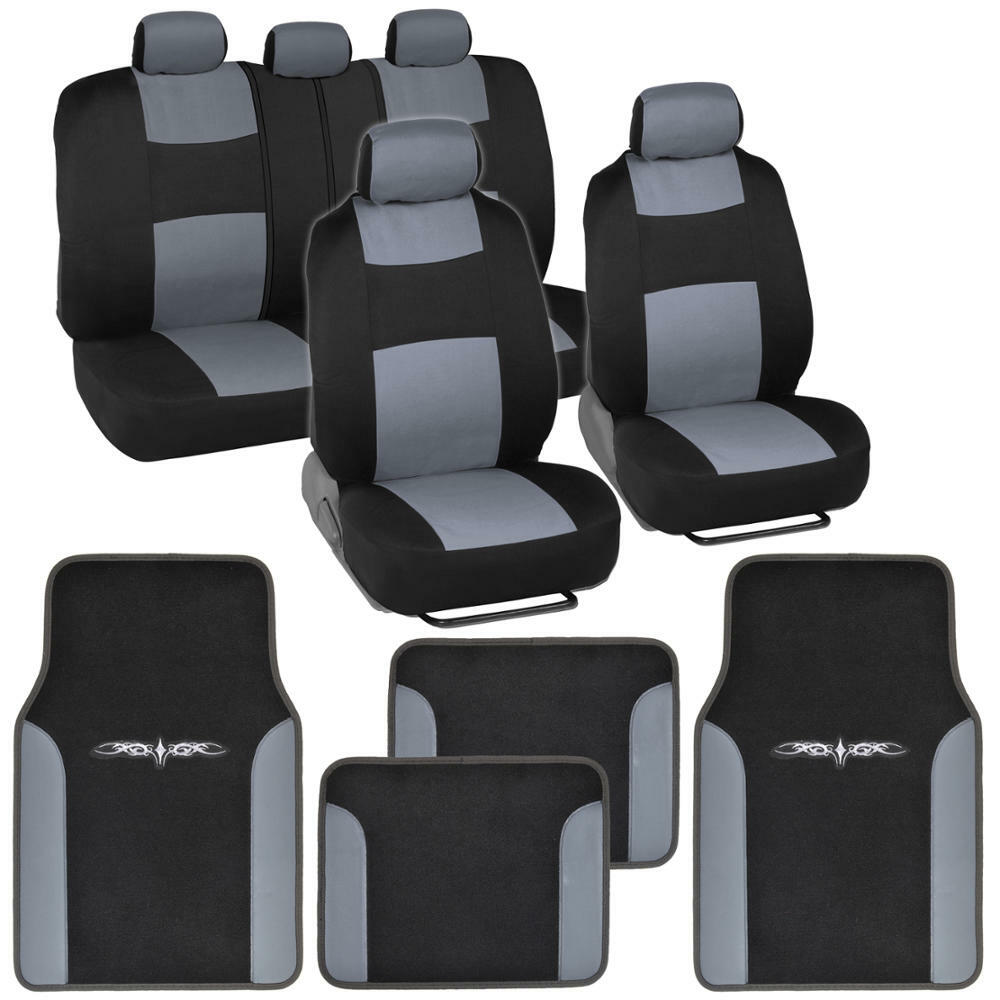 Car Seat Covers Black/Gray w/ Carpet/Vinyl Trim Floor Mats Interior Protectors