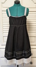 CALVIN KLEIN Black Baby Doll Dress Strap Striped Embroidered Silver Trim Size 6