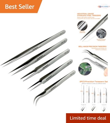 Versatile 5-Piece Craft Tweezers Set in Stainless Steel - Non-Magnetic & Durable