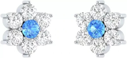 Real 14K White Gold 0.18Ct Round Cut Real Diamond Flower Push Back Stud Earrings - Picture 2 of 3