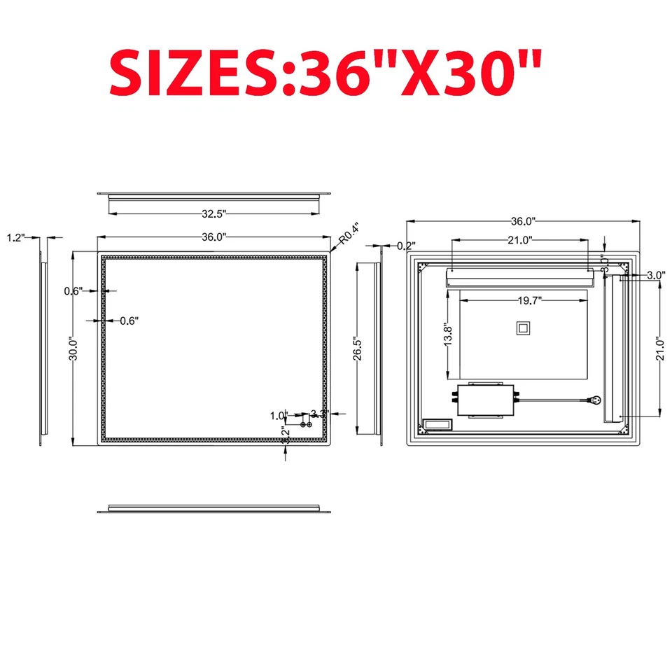 Espejo de baño LED de 36"" x 30", espejo montado en la pared iluminado antiniebla sin marco Foto 4 de 4