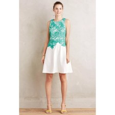 Moulinette Soeurs Anthropologie Green Lace White Fit and Flare Dress Size 8