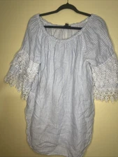 Saks Fifth Avenue Women's Linen Blue Pinstripe Shirt With Lace Sleeve XL Italy