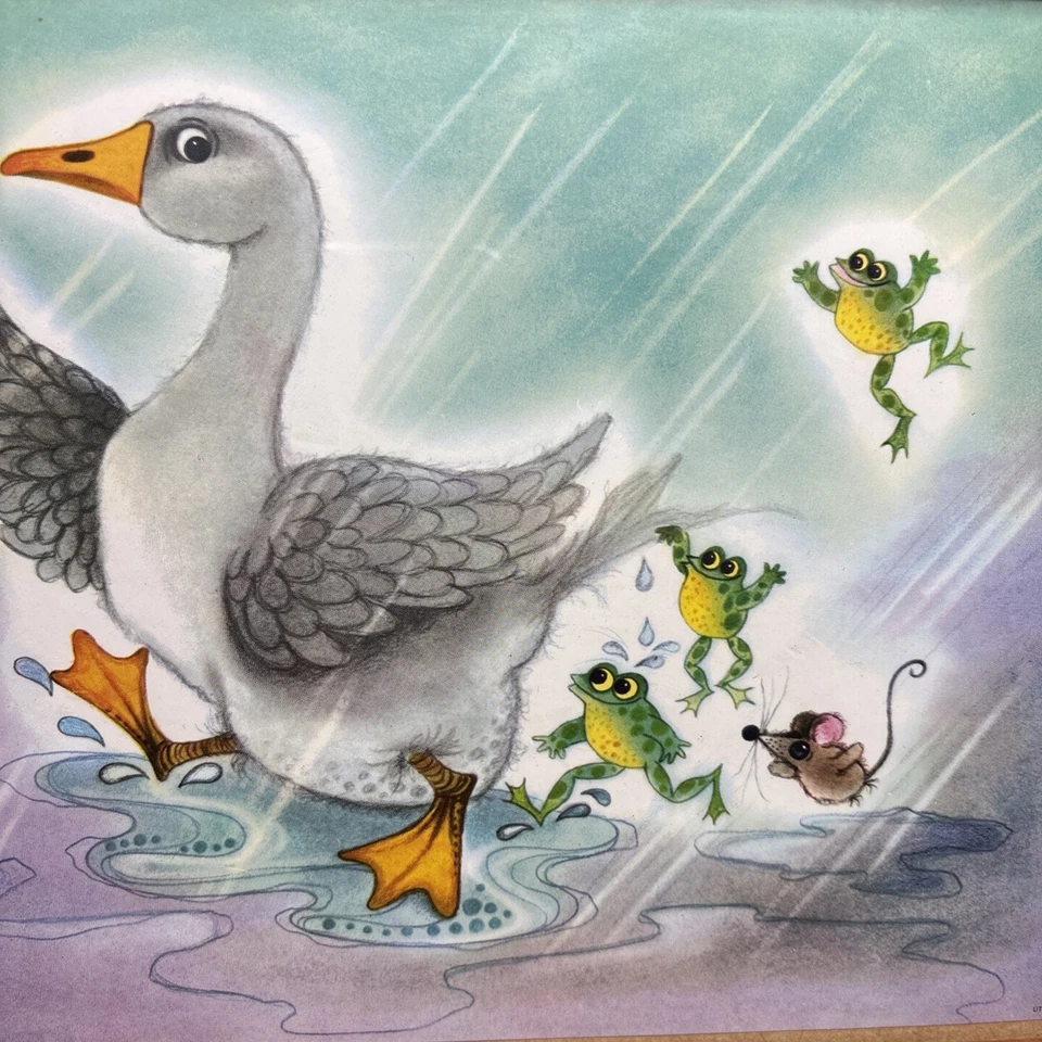 De colección 8x10 Litografía Enmarcada Ganso Ranas Ratón Jugando Bajo la Lluvia Bebé Guardería Decoración Niño Foto 4 de 4