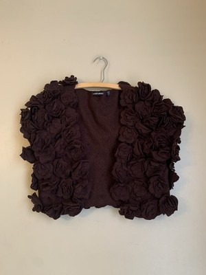 VTG Michael Simon Brown Shrug Cardigan Sweater Short Sleeve Artsy 3d Floral Wool