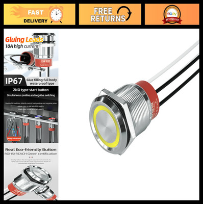 22mm Stainless Steel Push Button Switch, 10A, 2 NO, LED Ring, 12V/24V - Yellow