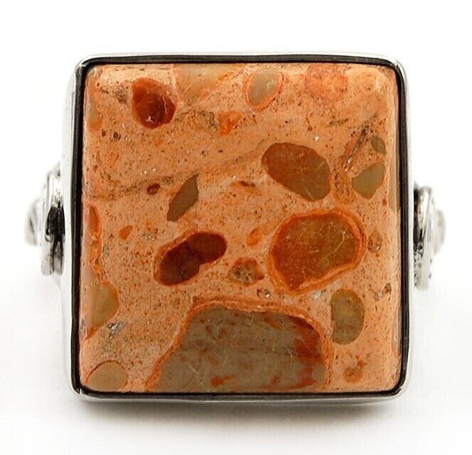 Natural Crinoid Fossil Jasper 925 Solid Sterling Silver Ring Sz 5.5