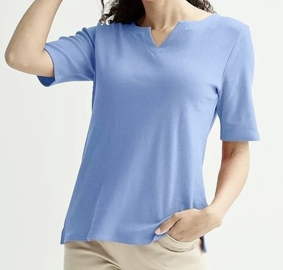 Croft & Barrow 100% Cotton  SS Split Neck  Long Knit Top - Light Blue - 4X NWT