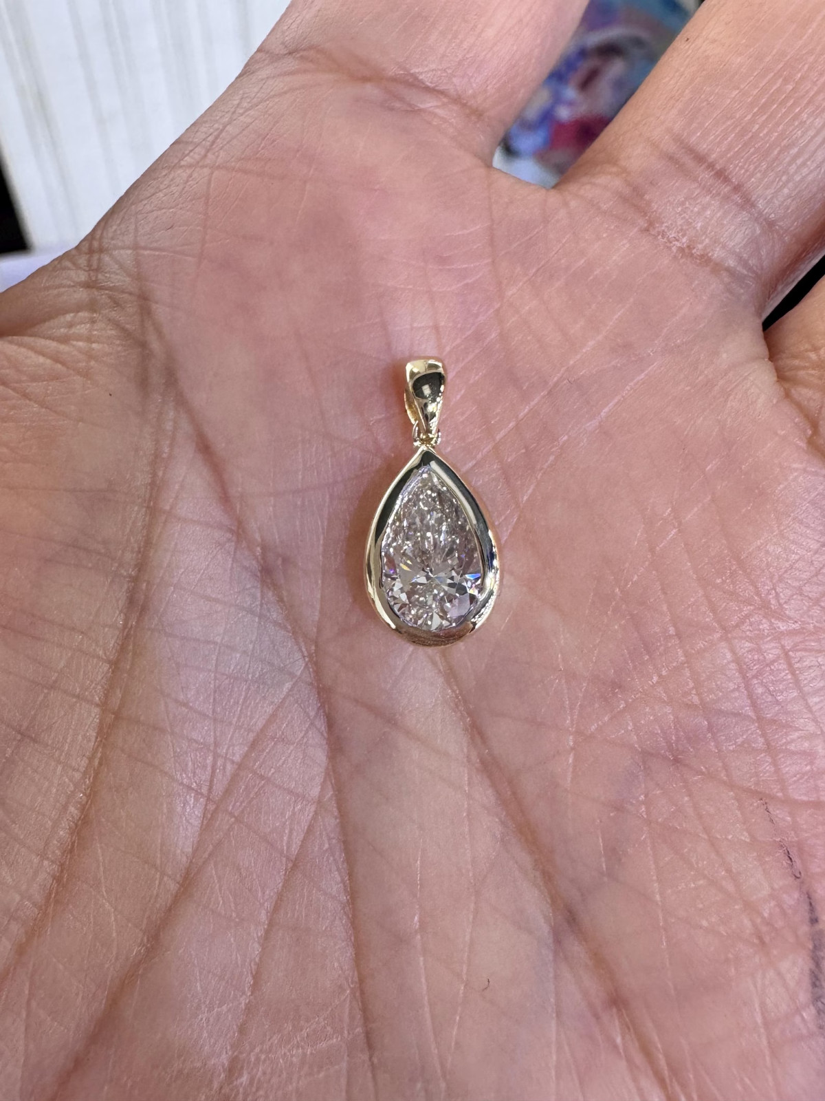 Lab Grown Pear Diamond Bezel Solitaire Pendant IGI Certified 14k Yellow Gold 2ct