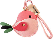 Leather Keychain Holder Case Compatible with Airtag,Cute Protective Pink Bird
