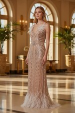 Jovani Beaded Crystal Embellished Feather Sleeveless Gown Size M