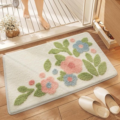 Floral Bathroom Mat Art Ultra Absorbent Fluffy Carpet Non Slip Machine Washab...