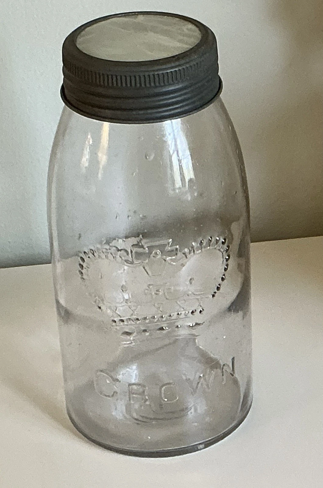 Vintage Crown Canning Jar With Glass Lid. 9” Tall