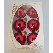 VTG Visions by Holly Set of 6 Red Shiny Glass Christmas Ball Ornaments Gold Caps