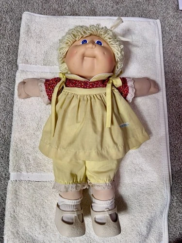 Vintage Cabbage Patch Doll, Blue Eyes, Yellow Curly Hair, Yellow & Red Dress