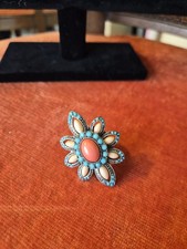 Large Floral Statement Ring Coral Turquoise Style Adjustable
