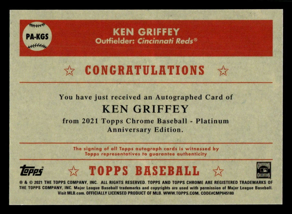 Ken Griffey 2021 Topps Chrome Platinum Anniversary #PA-KGS Autographs - Image 2 of 2