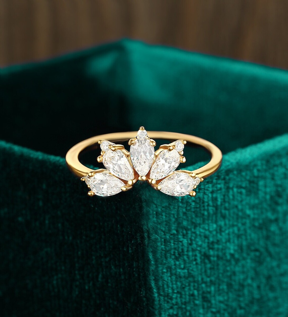 Curve Shape Band Five Stone Sterling Silver Moissanite CT Marquise Cut  Ring