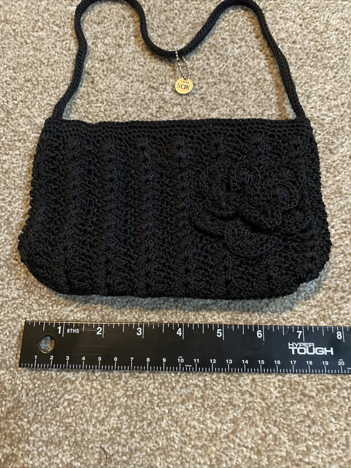 Винтажный SAK маленький классический черный крючком наплечная сумка сумочка Y2K ретро цветок - Изображение 3 из 4