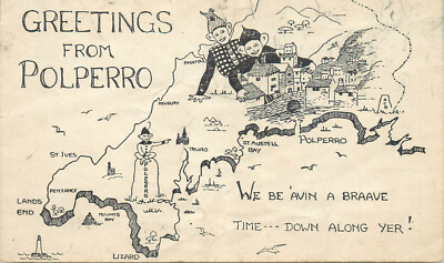 Greetings from Polperro drawn map old postcard